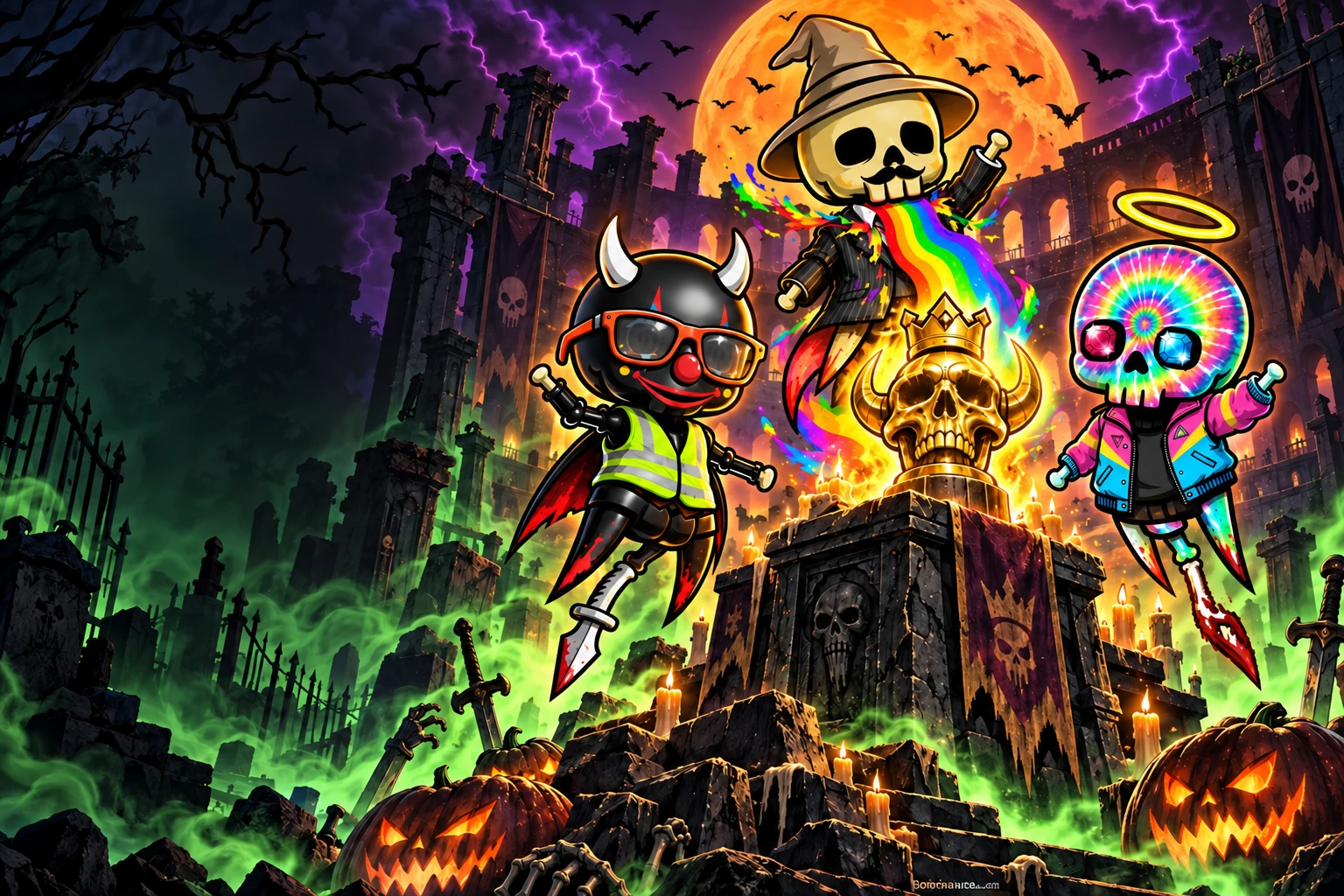 Reanimated Dead skeleton champions rise around a golden skull trophy in a haunted arena, surrounded by glowing pumpkins, bats and an orange full moon